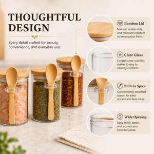 8 Pack Glass Spice Jars with Bamboo Lids and Attached Spoons Airtight Seasoning <strong>Containers</strong> for Salt <strong>Herbs</strong> and <strong>Kitchen</strong> Storage - Product Image 2