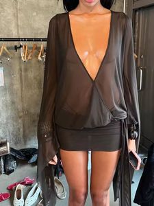 Vestido Coqueto Sexy y <span class=keywords><strong>Chic</strong></span> de Manga Larga con Cuello en V, Sólido, Transpirable, Natural, Ajustado y Mini para Mujer - Product Image 2