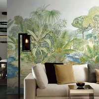 Murale 3D Imprimée Paysage Tropicale d'Asie du Sud-Est, Peinte à la Main, Plantes, Arbres, Feuilles Vertes, Idéale pour Salon et Salle à Manger