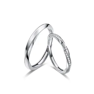 订婚礼物永恒情侣戒指几何镶嵌锆石S925纯银水波承诺莫比乌斯戒指