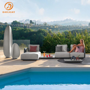 Set di Divani Sezionali da Esterno Moderni e Geometrici, Mobili da Patio in Stile Box <span class=keywords><strong>Blu</strong></span> Navy Intenso con Cuscini Color Crema e Pouf Rotondi - Product Image 3