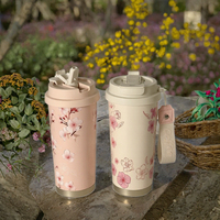 Mug isotherme en acier inoxydable à motif floral personnalisé avec poignée, couvercle, paille et corde pour voyage, bureau, cadeau
