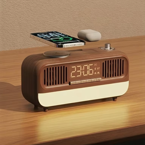 Nouveau produit unique 2026 à vendre en ligne : Enceinte musicale rétro 5-en-1 avec alarme, lampe d'ambiance, <span class=keywords><strong>radio</strong></span> et <span class=keywords><strong>chargeur</strong></span> pour téléphone et écouteurs - Product Image 1