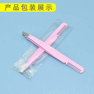 Pinzas para cejas de acero inoxidable de gran venta con peine, punta inclinada de doble propósito, pinzas para recortar y depilar cejas - Product Image 4