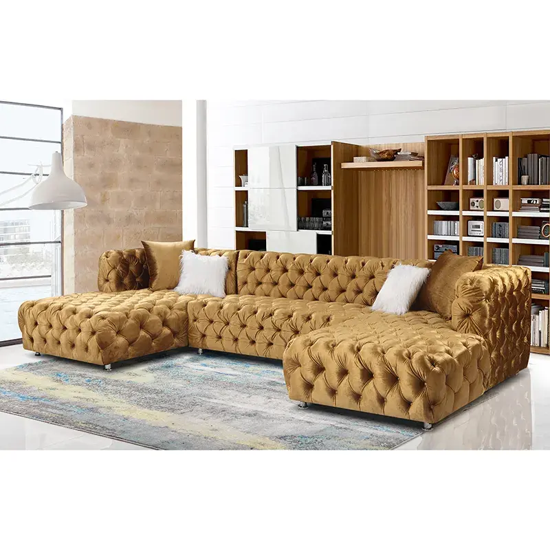 Luxe 8-persoons Getuft Gouden Couches Stof Fluwelen Chesterfield Combinatie Modulaire Banken Voor Woonkamer