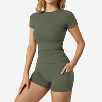 Nouvelle collection 2026 : Ensemble de yoga taille haute à séchage rapide en Spandex/Nylon, couleur unie, short et haut à manches courtes, vêtements de fitness – Taille XL