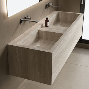 Armoire de salle de bain en pierre au design moderne personnalisé Évier tout-en-un en panneau de roche sans couture Option simple double bassin Salle de bain d'hôtel - Product Image 1