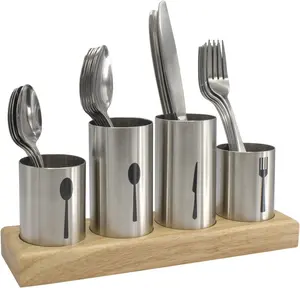 Stainless steel rubber wooden base, stored in spoons, knives and forks, etc.-very suitable for kitchen, restaurant,