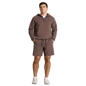 Ensemble de sweat-shirt à capuche marron pour homme, short décontracté à cordon de serrage, couleur unie, matière en coton respirant - Product Image 1