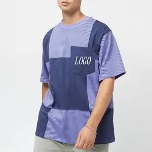 Camiseta de algodão listrada, camiseta casual orgânica grossa de tamanho grande, confortável, com bloco de cor, logotipo personalizado, respirável