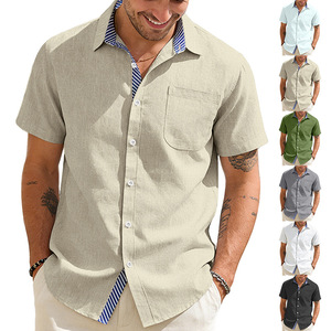 เสื้อเชิ้ตผ้าฝ้ายลินินแขนสั้นคอปกพับได้สำหรับผู้ชาย สไตล์ลำลอง ปักโลโก้ น้ำหนัก 160GSM เหมาะสำหรับใส่เที่ยวพักผ่อนหรือใส่เดินเล่นในเมือง - Product Image 1