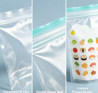 Sacs auto-scellants à double fermeture éclair en PE épaissi de qualité alimentaire, imprimés sur mesure en usine, pour le stockage de fruits, légumes, sushis, collations et aliments pour animaux de compagnie
