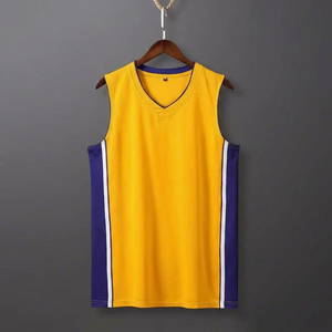Maillot de basket-ball personnalisé OEM jaune et violet, col en V, sans manches, numéro 5, impression sublimée, unisexe, adulte, coupe classique, toutes saisons - Product Image 1