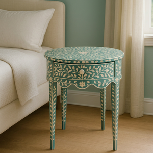 Floral Inlay Round Bone & Wood Luxury Durable Side Table <b>Teal</b> and Cream Decorative Accent Table for Bedroom - Product Image 1