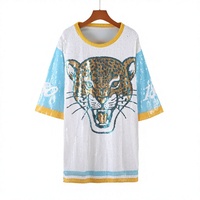 Robe T-shirt en polyester respirant à sequins blancs, imprimé léopard, coupe ample tricotée, style streetwear et clubwear