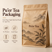 Sachet personnalisé en papier kraft sans fenêtre pour thé Pu'er, scellé sur huit côtés avec fermeture éclair, pour la vente au détail et en gros