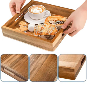 Grand plateau de service en bois d'acacia avec poignées, design rustique, pour table basse ottoman, barbecue, fête, patio et rangement de cuisine - Product Image 2