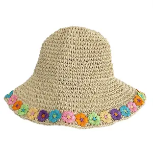 Packable Foldable Paper Straw Hand Crocheted Bucket Hat with Embroidery Flowers on Brim