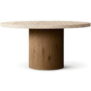 Table à manger ronde en travertin et chêne, plateau en pierre à bords ciselés, mobilier minimaliste japonais pour projets de luxe - Product Image 2
