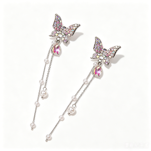 Boucles d'oreilles pendantes longues en perles d'imitation et pampilles, plaquées argent, avec papillon orné de diamants, pour femme, violettes et multicolores, idéales pour un anniversaire - Product Image 6