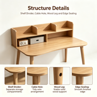 Bureau d'ordinateur personnalisé et durable avec étagère, pieds coniques, bords arrondis, ton clair, écologique, montage facile