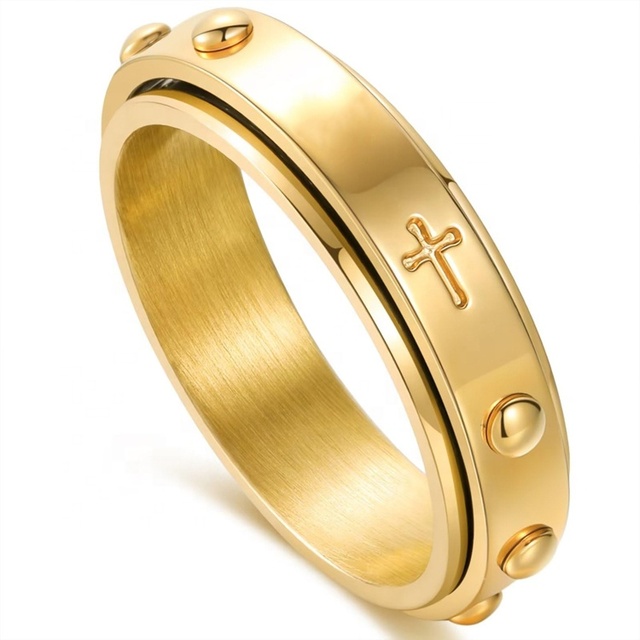 Customized Anxiety Relief Fidget Rosary Beads Cross Lord Prayer 18k Gold Plated Stainless Steel Spinner Rosary Ring