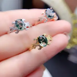 Wholesale Oval Gold Plated Sterling Silver Natural Stone Moss Agate Opening Adjustable Engagement Ring For Women