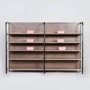 4 Säulen Vintage Brown Holz Muster gedruckt Stahl Lebensmittel regale Metall Display Supermarkt Rack