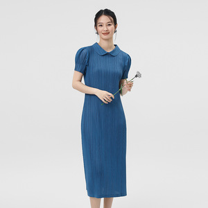 PY 2026 Classic Minimal Style Miyake Pleated Peter Pan Collar Puff Sleeve Dress Western Clothing Women Bulk Wholesale Online - Product Image 4