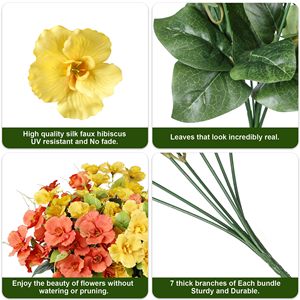 Bouquet de fleurs d'hibiscus artificielles résistantes aux UV, aspect réaliste, plantes d'extérieur pour la décoration de la véranda, du balcon ou du pot. - Product Image 5