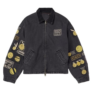 Mode Logo Denim <span class=keywords><strong>Bomber</strong></span> Homme Veste Fermeture Éclair Bidirectionnelle Faded Black Denim Manches Longues pour Homme - Product Image 1
