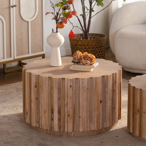 Set di 2 tavolini da caffè rotondi ad incastro in legno di noce, tavolini d'appoggio con corpo a doghe verticali, stile rustico da fattoria - Product Image 4