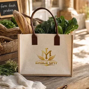 Sac de courses en toile de jute naturelle personnalisé OEM en gros avec poignée en cuir PU durable pour usage quotidien - Product Image 1
