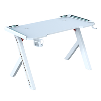 Bureau de jeu ergonomique en bois blanc R-5 avec surface en mélamine, éclairage LED RVB 256 couleurs, crochet pour casque et porte-gobelet
