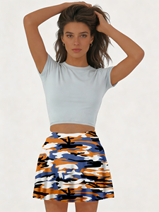 กระโปรงมินิเอวธรรมชาติสีส้มน้ำเงินสำหรับผู้หญิง-กระโปรงทรงเอแบบยืดได้ กระโปรงลำลองแบบพลีท ผ้าใยนม - Product Image 5