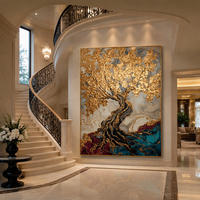 Peinture à l'huile sur toile de luxe, paysage abstrait vertical d'arbre doré peint à la main, texture épaisse, feuille d'or, art mural encadré pour