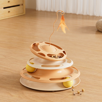 Jouet pour chat 3-en-1 double couche en plastique, avec boules sur circuit rotatif et plume interactive, pour le divertissement autonome et le soulagement du stress des animaux de compagnie