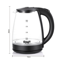 Bouilloire électrique en verre RAF 1500W, taille familiale, capacité de 2L, action de chauffe rapide, base pivotante stable à 360 degrés