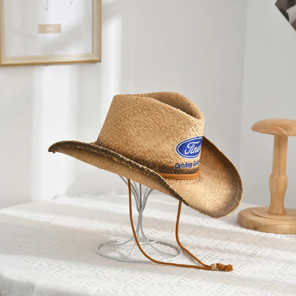 Promotion gift event custom embroidery logo 100% raffia man beach cowboy straw hat