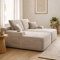 Canapé convertible double en velours côtelé avec porte-gobelets, assise profonde beige, profil bas, pour centre commercial, villa, appartement