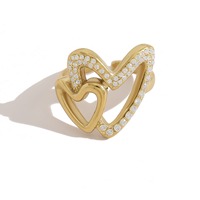 Bague ouverte tendance en acier inoxydable avec double cœur en diamant pour femme