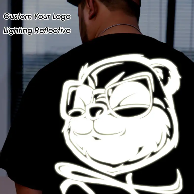 OEM/ODM phản quang unisex T-shirt ngắn tay áo biểu tượng tùy chỉnh phản chiếu ánh sáng Heavyweight quá khổ giản dị áo thun