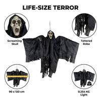 Décoration Grim Reaper grandeur nature 90x120cm à suspendre, crâne hurlant réaliste, accessoire fantôme d'horreur pour Halloween et maison hantée