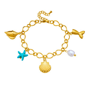 Fashion Charm Bracelet 18K Gold Plated Seashell Starfish Pearl Pendant Women's Ocean Theme Jewelry - Product Image 5