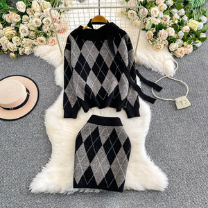 Women'S Chic Off Shoulder Ribbon <strong>Sweater</strong> With Diamond Pattern <strong>Knit</strong> Skirt Two Piece Set for Petite - Product Image 1