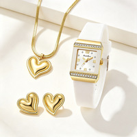 Reloj de Cuarzo con Pedrería de Moda para Mujer, Lujoso, 33 mm, Cuadrado, con Collar y Aretes de Corazón, Set de Regalo para Mujer