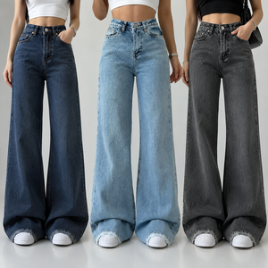 Prix d'usine, étiquette privée personnalisée, <span class=keywords><strong>jean</strong></span> pour <span class=keywords><strong>femme</strong></span> <span class=keywords><strong>taille</strong></span> haute, coupe évasée à ourlet effiloché, délavage vintage, coupe droite ample - Product Image 1