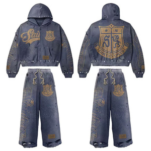Bộ đồ hoodie nam cổ điển phong cách vintage, in chữ đá pha lê và thiết kế huy hiệu, dành cho mùa đông, kiểu dáng cổ điển - Product Image 4