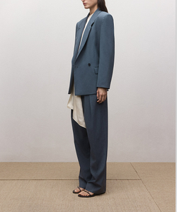 Women's <b>Slate</b> Blue Double-Breasted Blazer with Notched Lapel, Flap Pockets, Relaxed Tailored Fit - Product Image 4