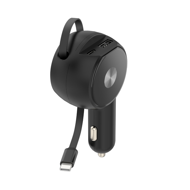Retractable Car Charger, 3 in 1 Fast Charging Car Charger 60W USB C Car Charger with 30W Built-in Type C Fast Charging Cable